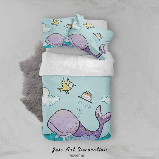3D Cartoon Cute Animal Whale Birthday Cake Quilt Cover Set Bedding Set Duvet Cover Pillowcases WJ 9565