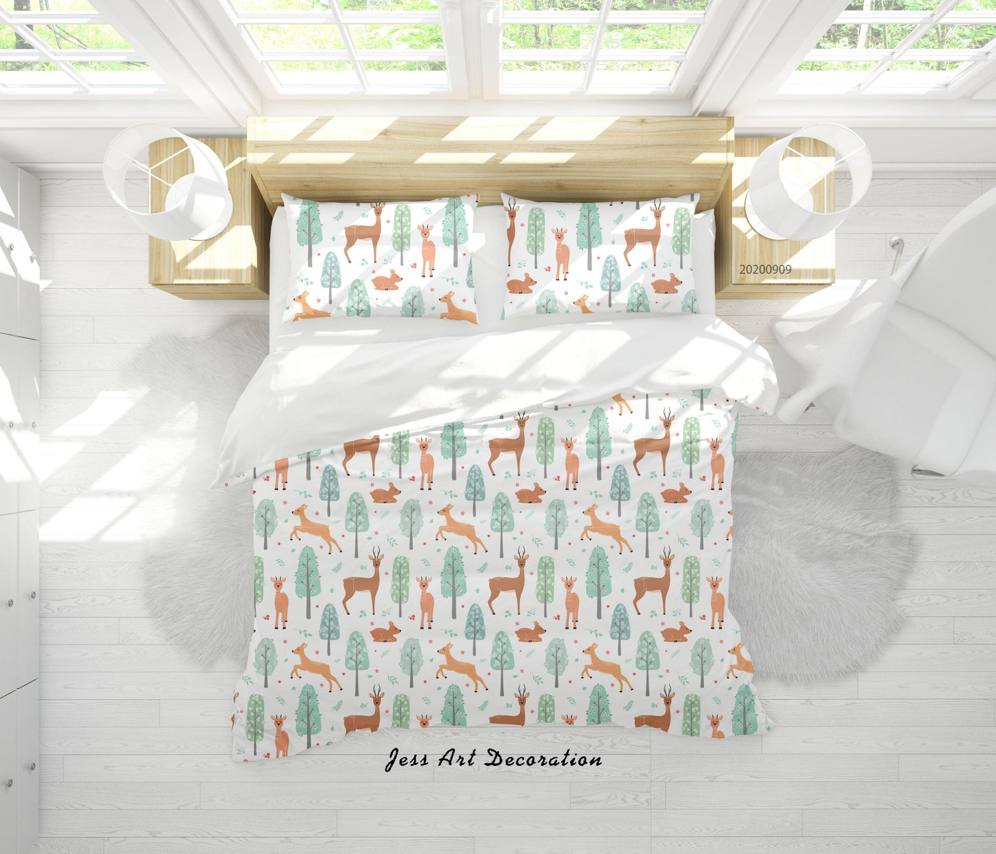 3D Cartoon Deer Leaves Pattern Quilt Cover Set Bedding Set Duvet Cover Pillowcases WJ 6081