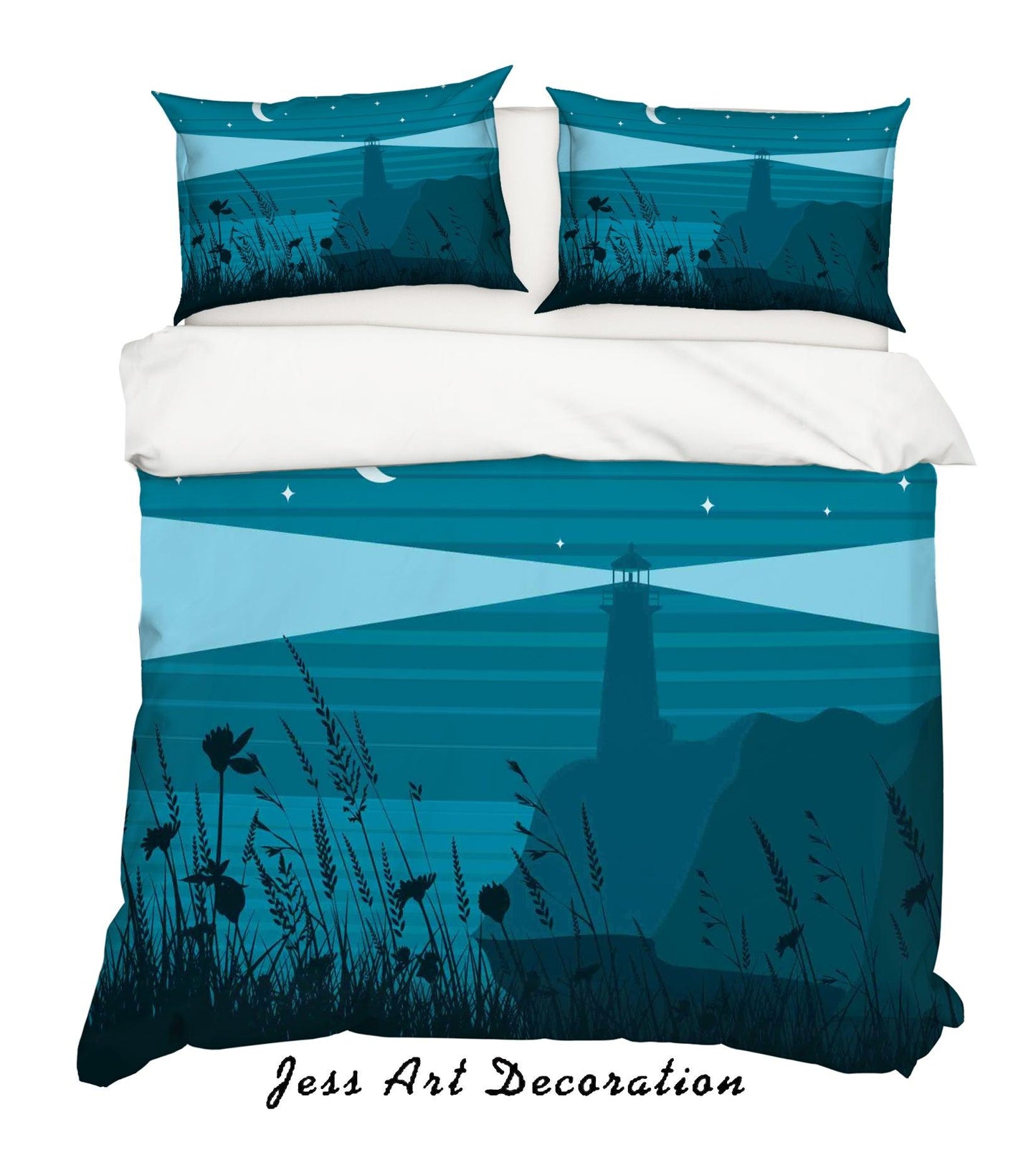3D Blue Moon Star Lighthouse Plants Flower Quilt Cover Set Bedding Set Pillowcases 28