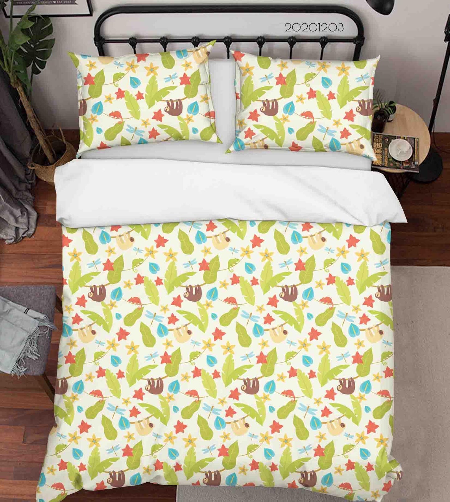 3D Cartoon Hand Drawn Colorful Sloth Animal Green Plant Maple Leaf Pattern Quilt Cover Set Bedding Set Duvet Cover Pillowcases LXL