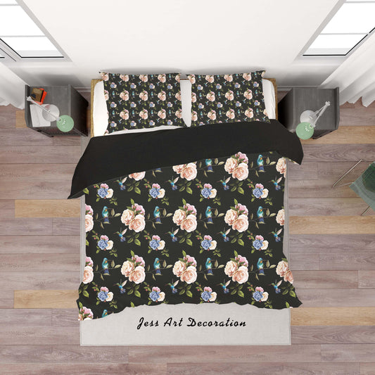 3D Black Birds Flowers Quilt Cover Set Bedding Set Duvet Cover Pillowcases SF1