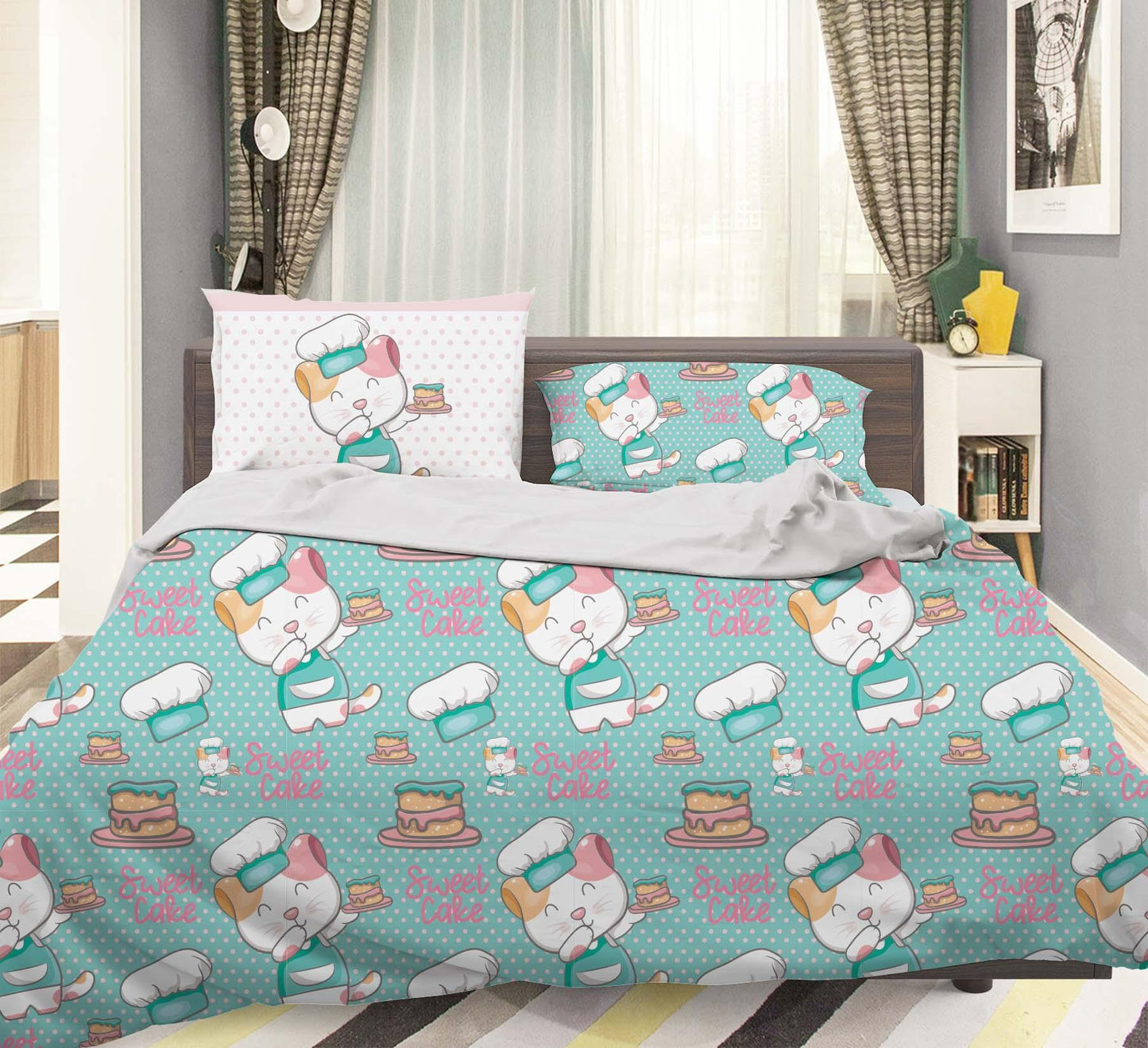3D Blue Cooking Cat Kitty Quilt Cover Set Bedding Set Pillowcases 42