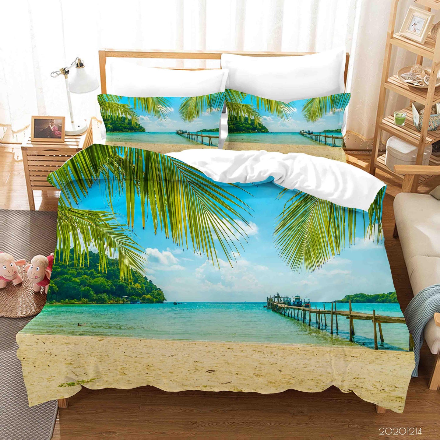3D Blue Ocean Beach Palm Tree Plant Wooden Bridge Quilt Cover Set Bedding Set Duvet Cover Pillowcases LXL