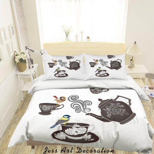 3D Abstract Hand Draw Cartoon Teacup Bird Pattern Quilt Cover Set Bedding Set Duvet Cover Pillowcases WJ 3575