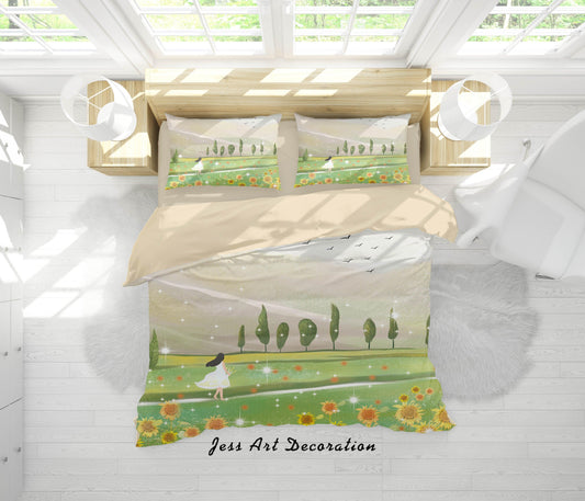 3D Cartoon Girl Lawn Sunflower Quilt Cover Set Bedding Set Duvet Cover Pillowcases A555 LQH
