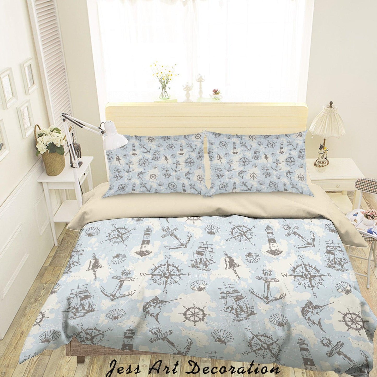 3D Blue Lighthouse Anchor Rudder Shell Fish Bell Compass Quilt Cover Set Bedding Set Duvet Cover Pillowcases SF31