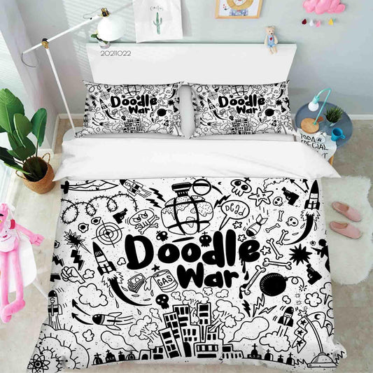 3D Cartoon City Rocket War Doodle Quilt Cover Set Bedding Set Duvet Cover Pillowcases 34