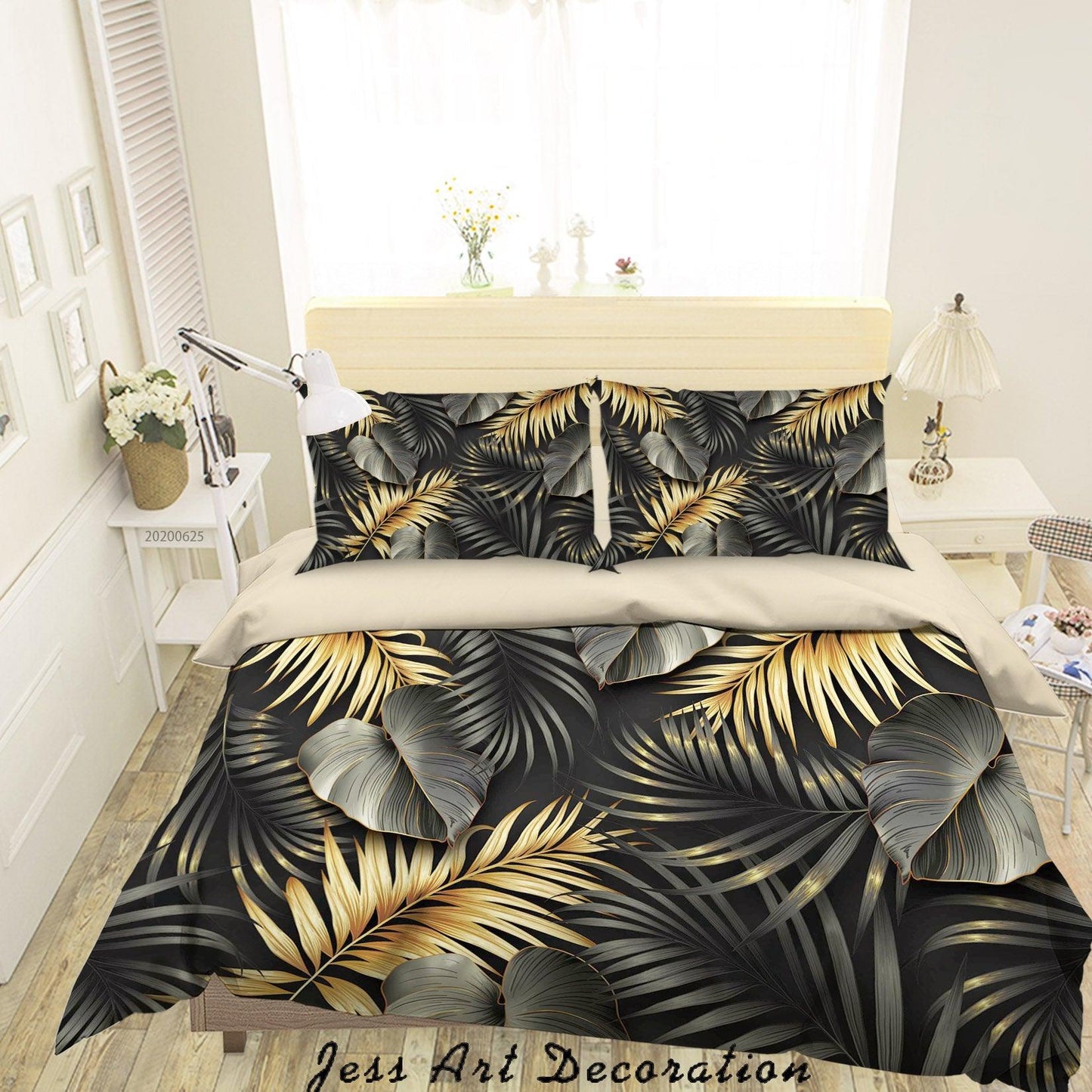 3D Black Golden Leaves Quilt Cover Set Bedding Set Duvet Cover Pillowcases SF84