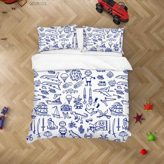3D Blue Airplane Rocket Graffiti Quilt Cover Set Bedding Set Duvet Cover Pillowcases 66