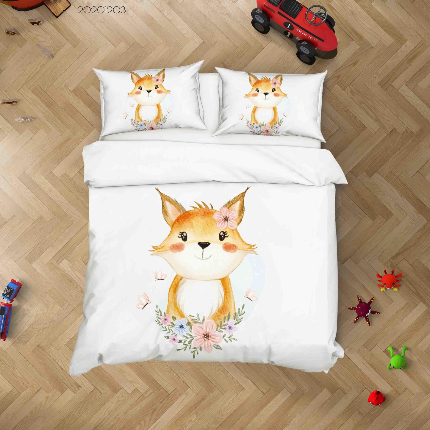 3D Cartoon Cute Baby Fox Floral Butterfly Watercolor Illustration Animal Quilt Cover Set Bedding Set Duvet Cover Pillowcases LXL