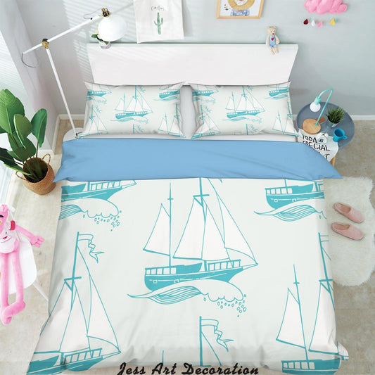 3D Blue Simple Line Drawing Boats Quilt Cover Set Bedding Set Pillowcases  249