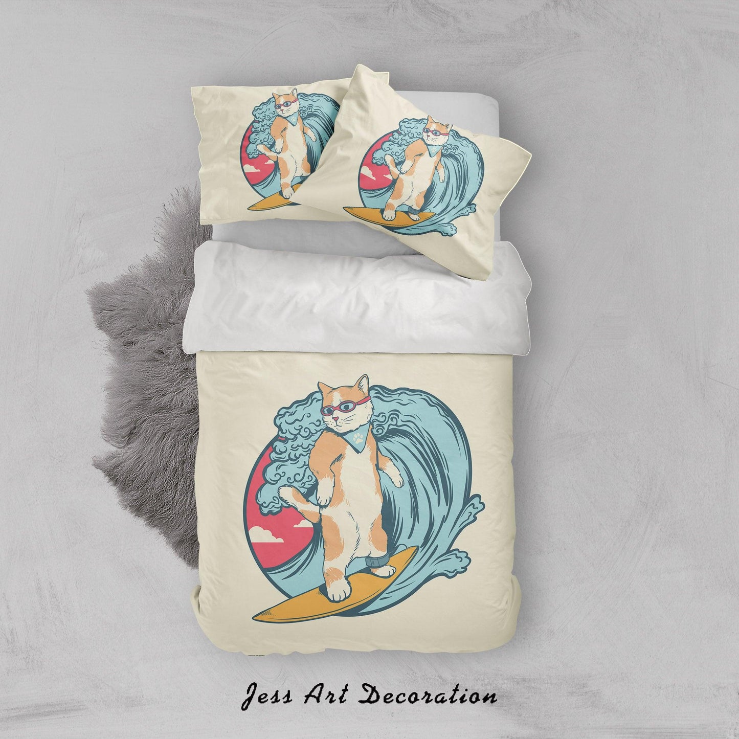 3D Beach Surfing Cat Glasses Quilt Cover Set Bedding Set Duvet Cover Pillowcases WJ 6811