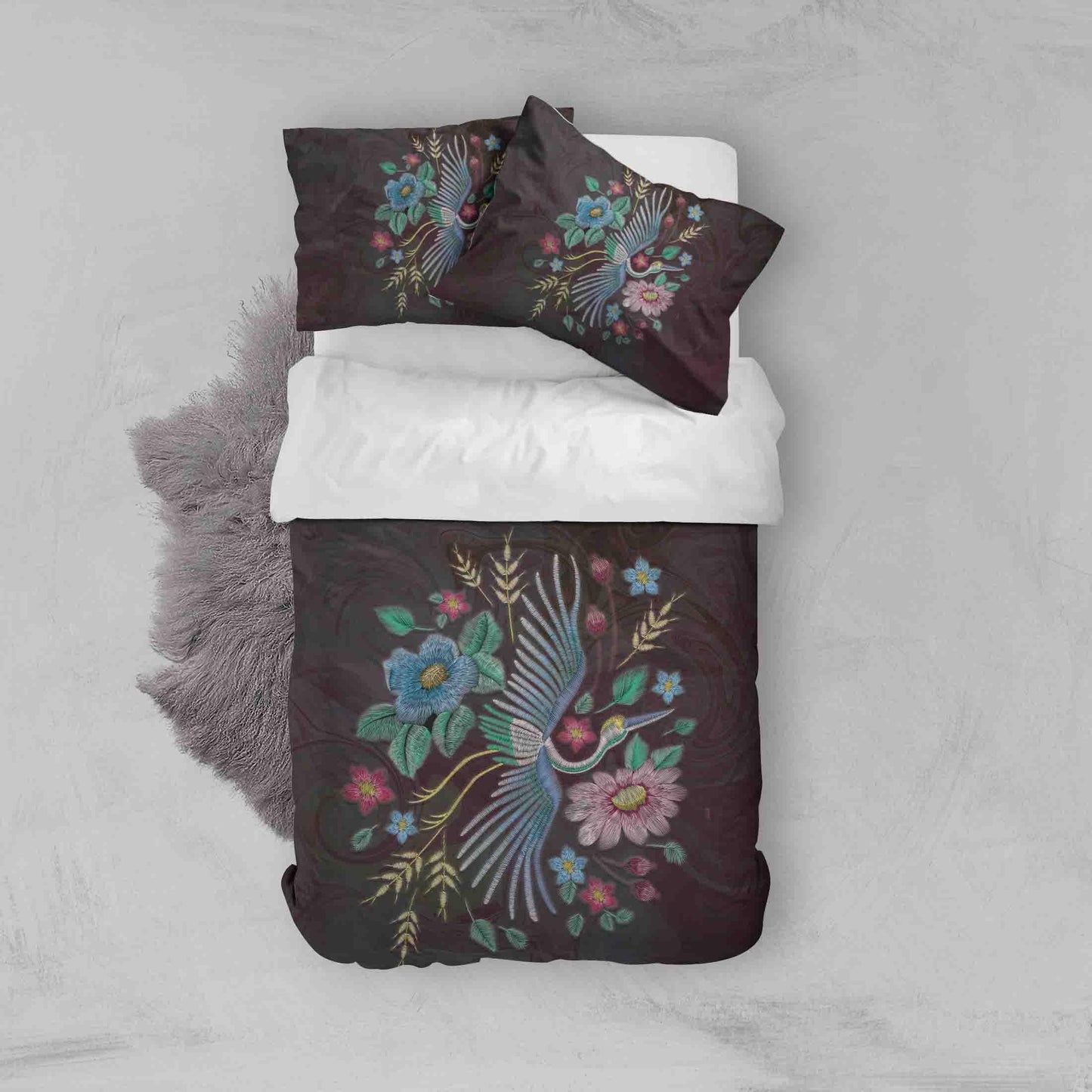 3D Black Embroidery Crane Floral Quilt Cover Set Bedding Set Duvet Cover Pillowcases SF008
