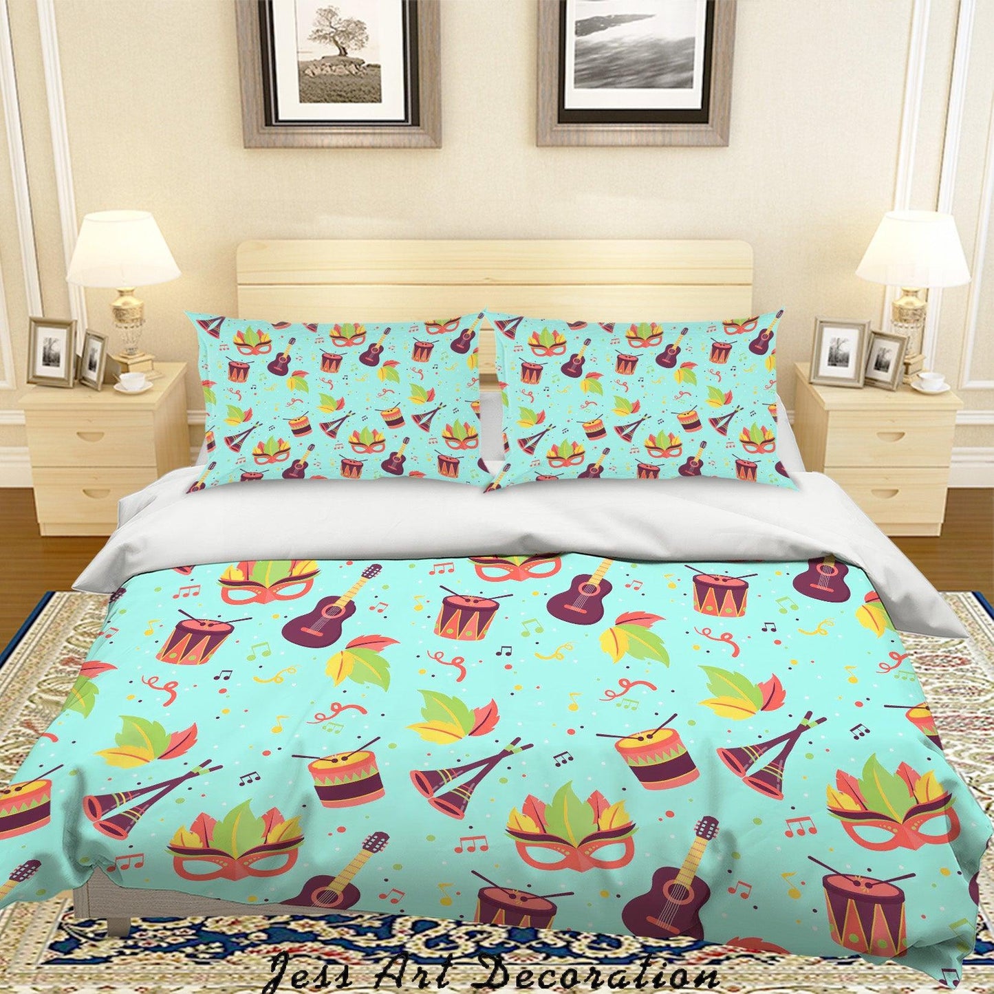 3D Cartoon Music Equipment Green Quilt Cover Set Bedding Set Pillowcases 13