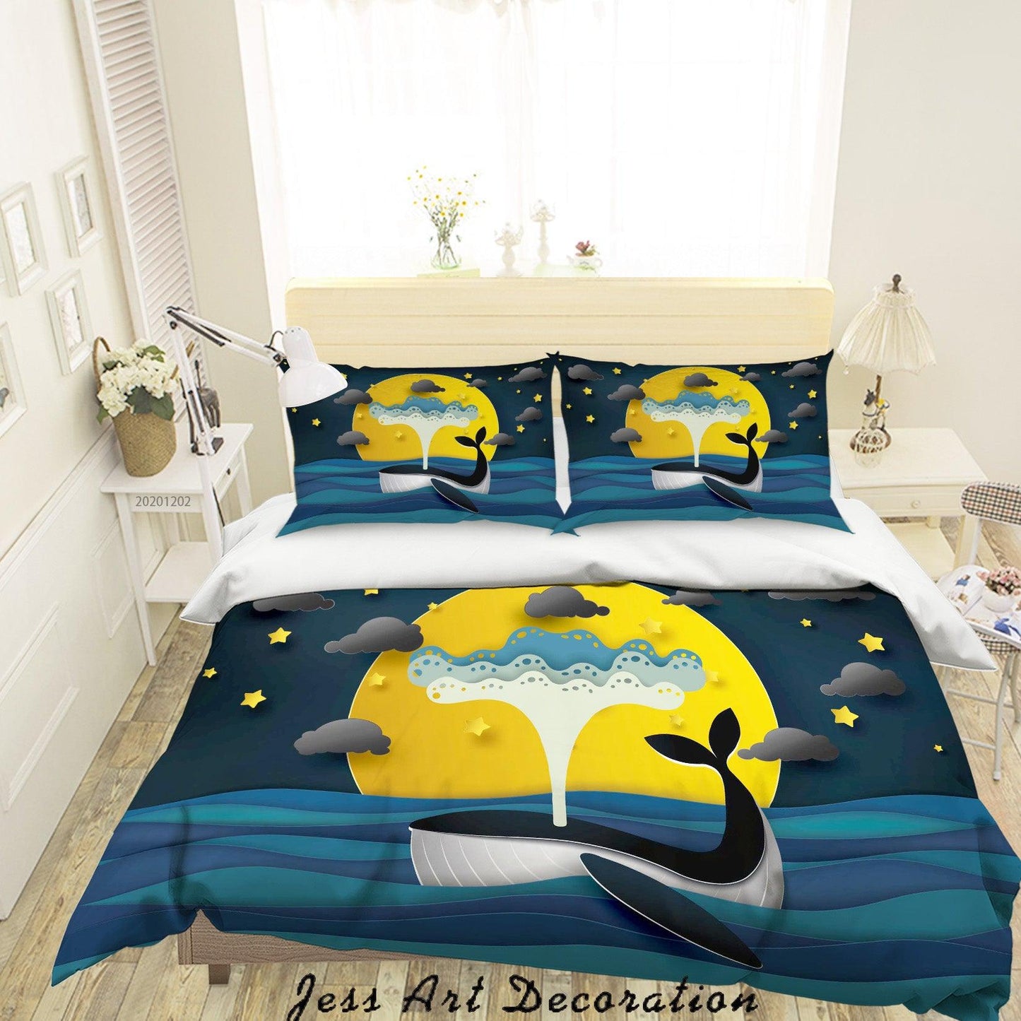 3D Cartoon Night Full Moon Star Cloud Ocean Whale Quilt Cover Set Bedding Set Duvet Cover Pillowcases LXL