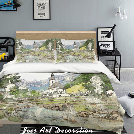 3D  Church Scenery Watercolor Quilt Cover Set Bedding Set Pillowcases  100