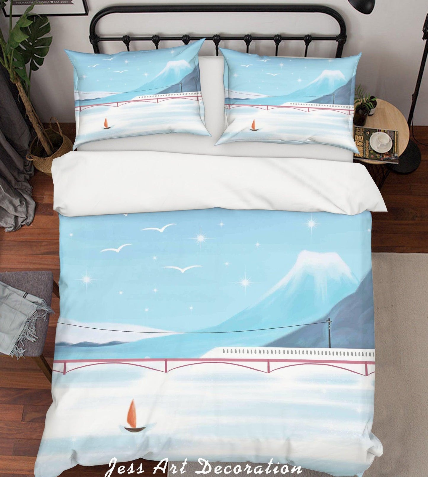 3D Blue Sky Bridge Lake Boat Painting Quilt Cover Set Bedding Set Duvet Cover Pillowcases A502 LQH