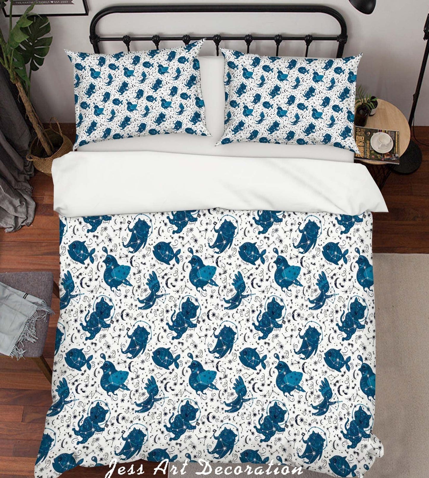 3D Blue Cartoon Birds Fish Cat Moon Star Space Quilt Cover Set Bedding Set Duvet Cover Pillowcases SF06
