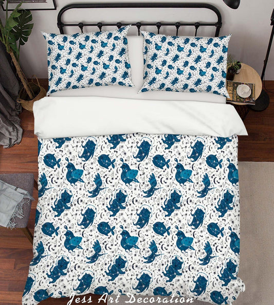3D Blue Cartoon Birds Fish Cat Moon Star Space Quilt Cover Set Bedding Set Duvet Cover Pillowcases SF06