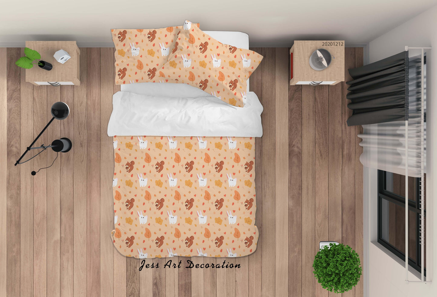 3D Cartoon Bunny Squirrel Maple Leaves Plant Pattern Orange Quilt Cover Set Bedding Set Duvet Cover Pillowcases LXL