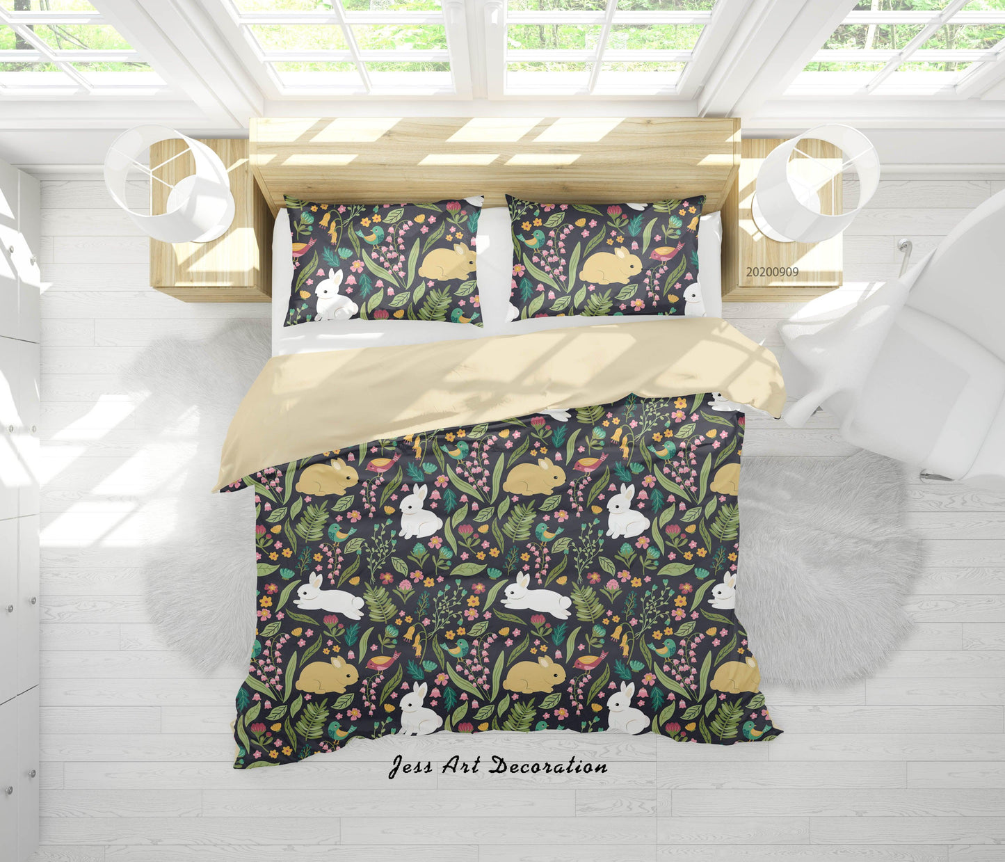 3D Cartoon Animal Rabbit Leaves Pattern Quilt Cover Set Bedding Set Duvet Cover Pillowcases WJ 6027