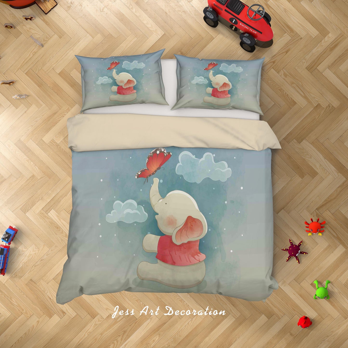 3D Blue Elephant Butterfly Quilt Cover Set Bedding Set Duvet Cover Pillowcases SF25