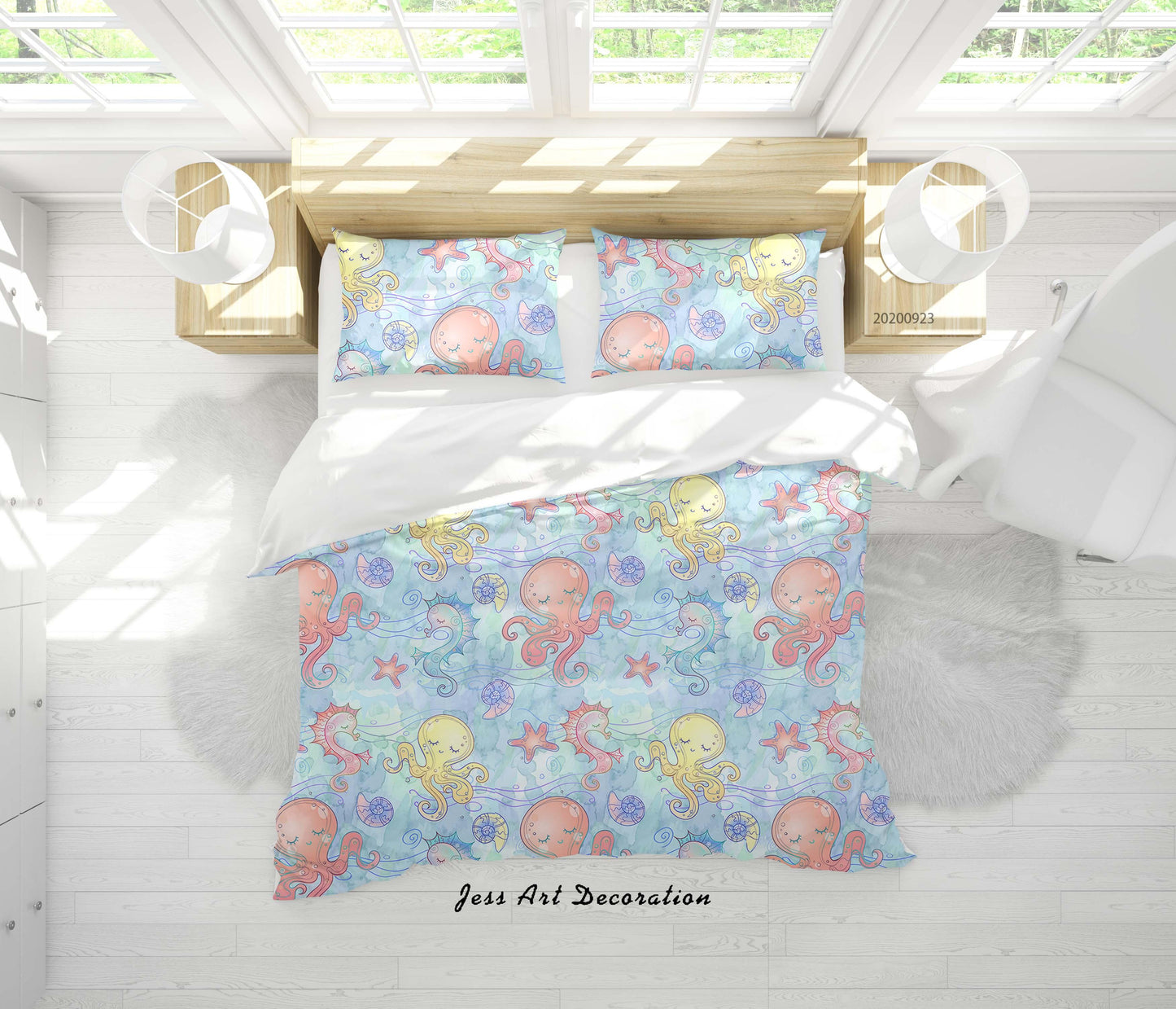 3D Cartoon Octopus Seahorse Pattern Quilt Cover Set Bedding Set Duvet Cover Pillowcases WJ 6367