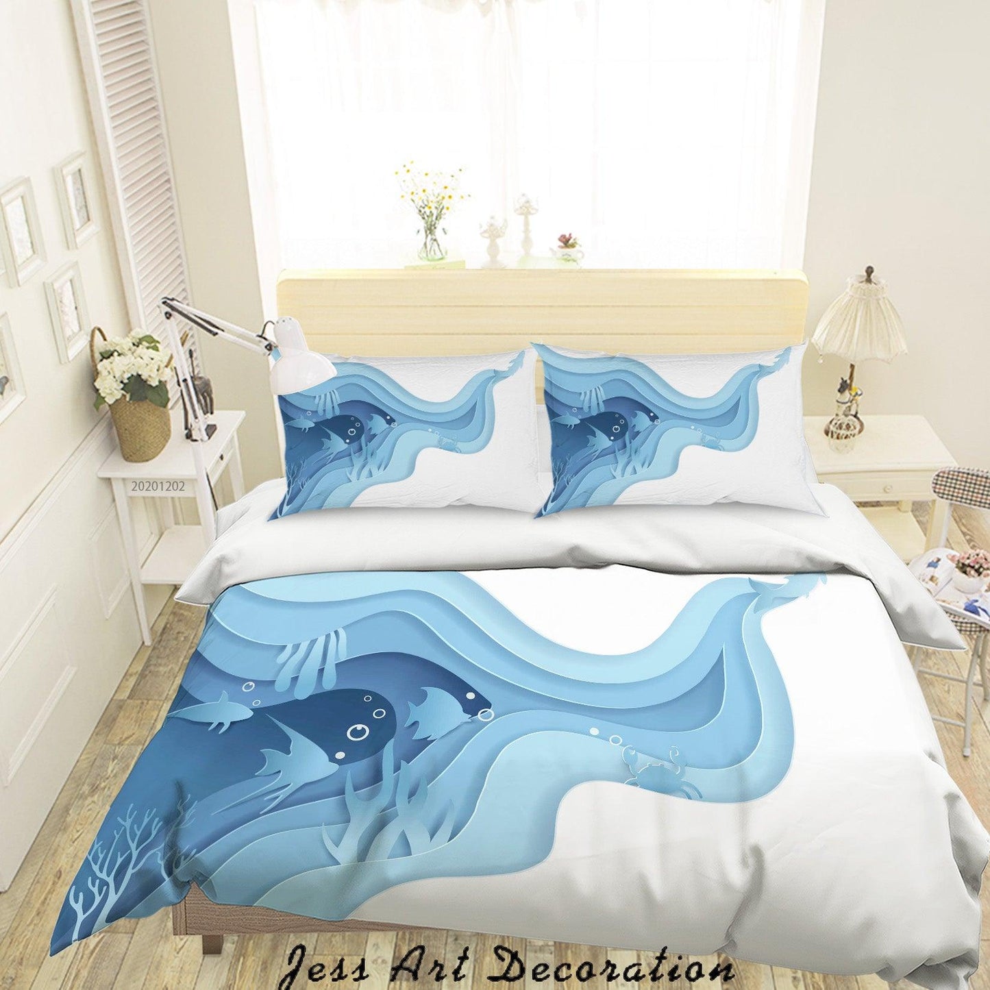3D Abstract Hand Drawn Blue Ocean Coral Fish Quilt Cover Set Bedding Set Duvet Cover Pillowcases LXL