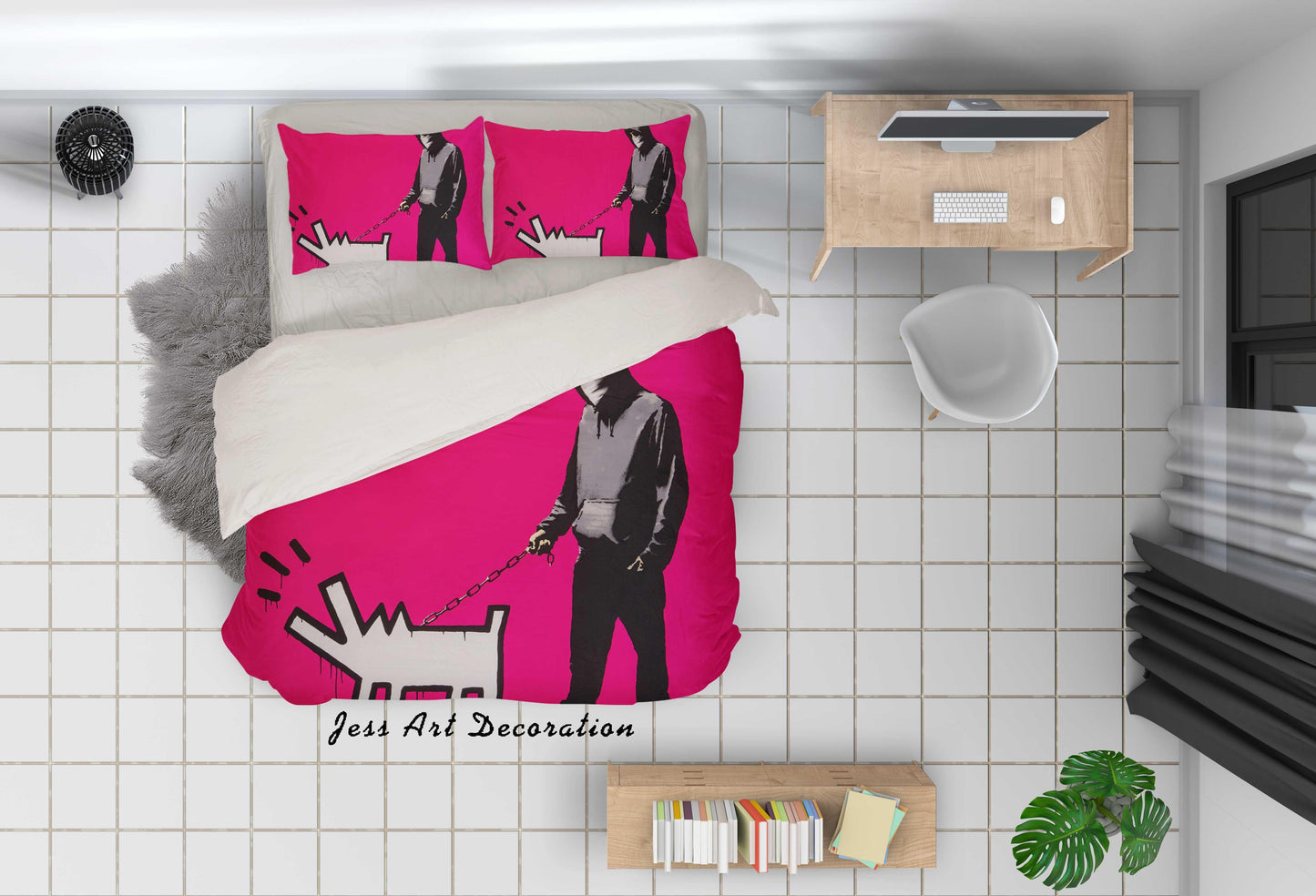 3D Banksy Figure Abstract Dog Pink Background Quilt Cover Set Bedding Set Pillowcasesn  ZY D12