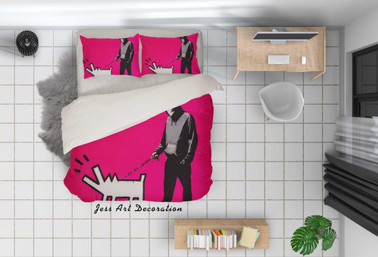 3D Banksy Figure Abstract Dog Pink Background Quilt Cover Set Bedding Set Pillowcasesn  ZY D12
