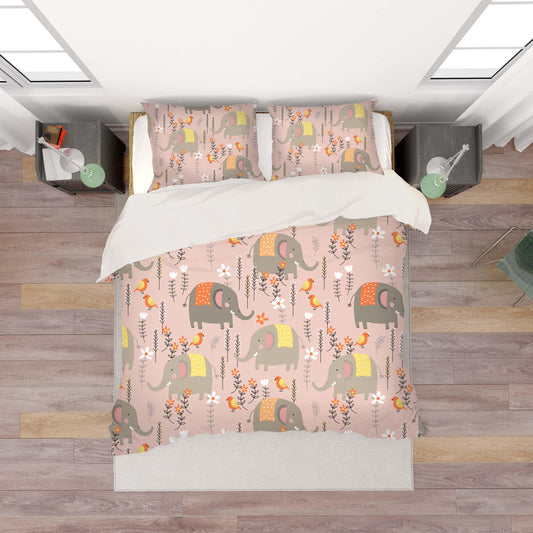 3D Cartoon Floral Elephant Pink Quilt Cover Set Bedding Set Duvet Cover Pillowcases LXL