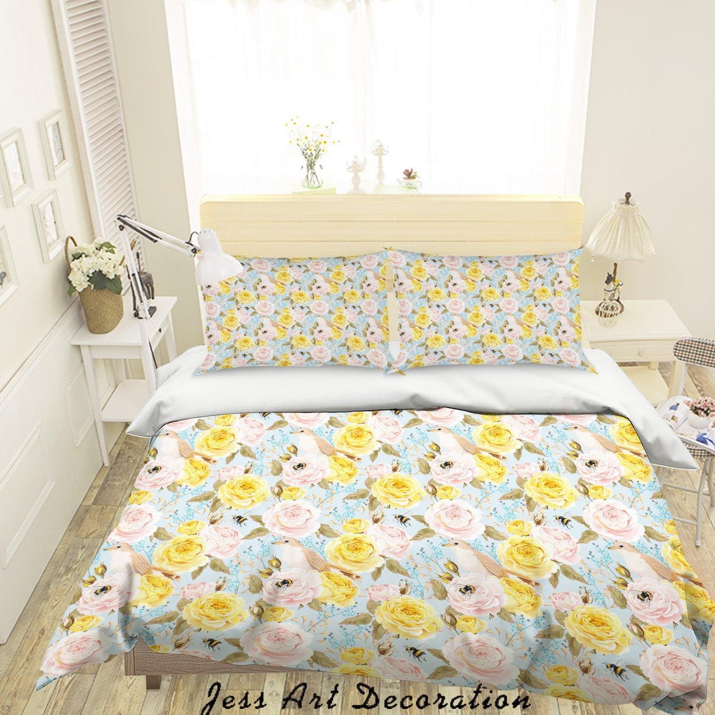 3D Blue Yellow Pink Flowers Birds Quilt Cover Set Bedding Set Duvet Cover Pillowcases SF23