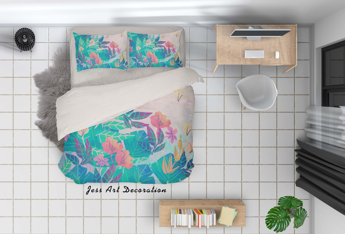 3D Blue Watercolor Leaves Quilt Cover Set Bedding Set Pillowcases 10