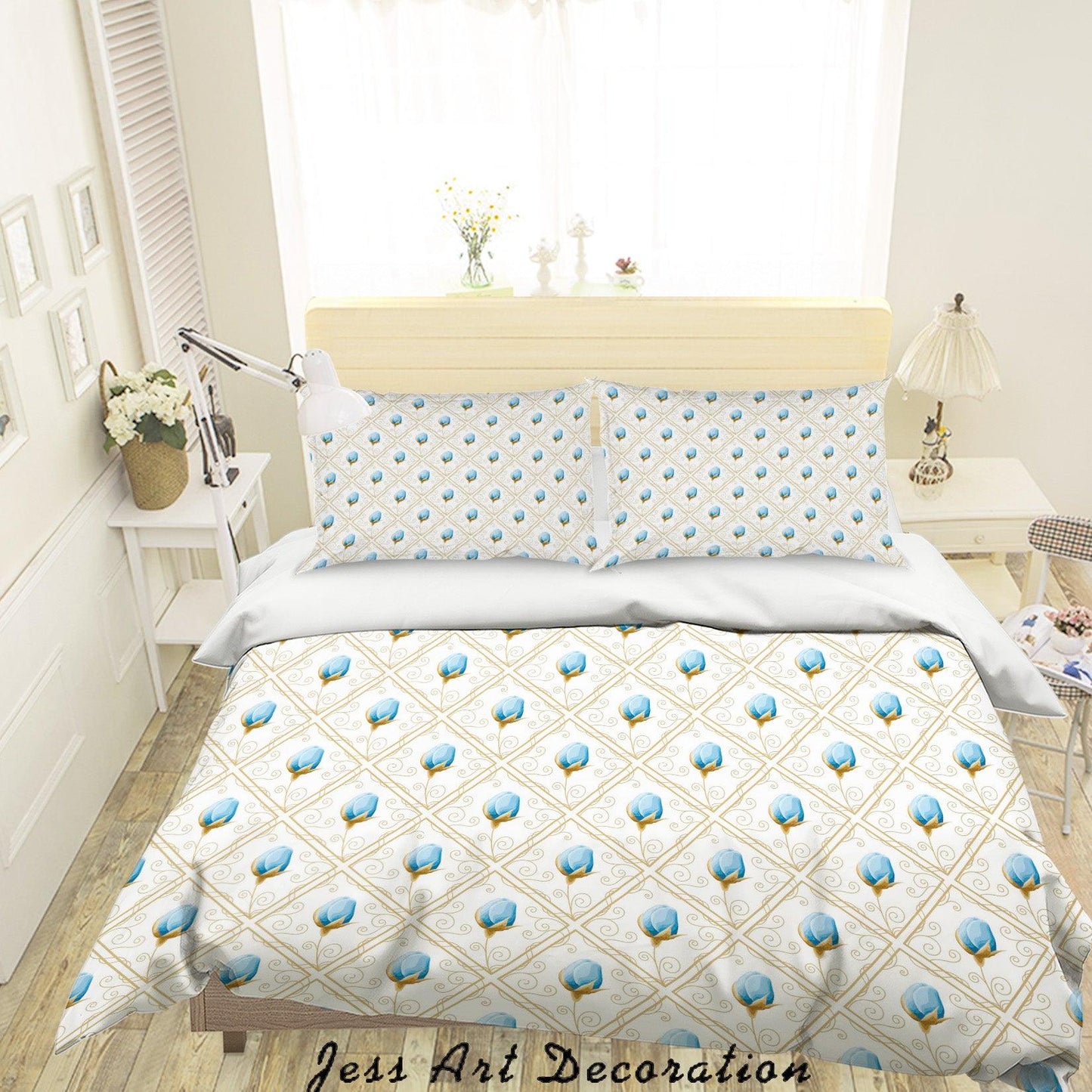 3D Blue Floral Diamond Lattice Quilt Cover Set Bedding Set Duvet Cover Pillowcases SF68