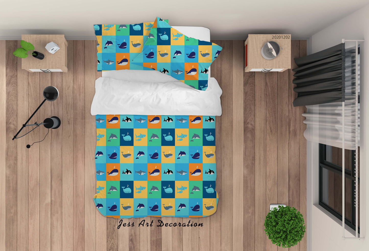 3D Cartoon Colorful Lattice Ocean Shark Whale Dolphin Fish Pattern Quilt Cover Set Bedding Set Duvet Cover Pillowcases LXL
