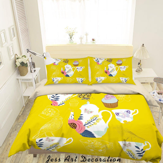 3D Abstract Hand Draw Cartoon Teapot Teacup Pattern Quilt Cover Set Bedding Set Duvet Cover Pillowcases WJ 3583