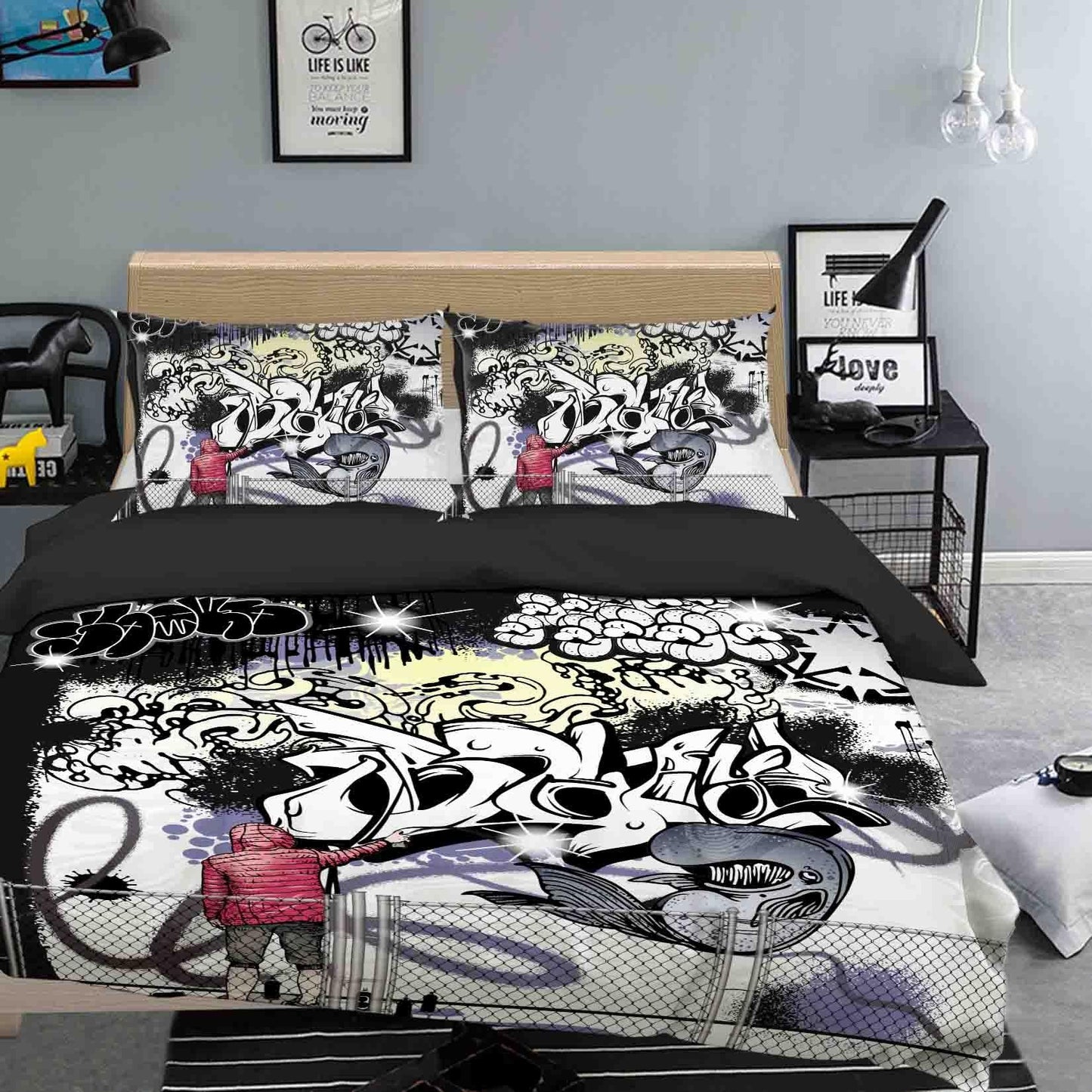 3D Black Graffiti Quilt Cover Set Bedding Set Duvet Cover Pillowcases SF087