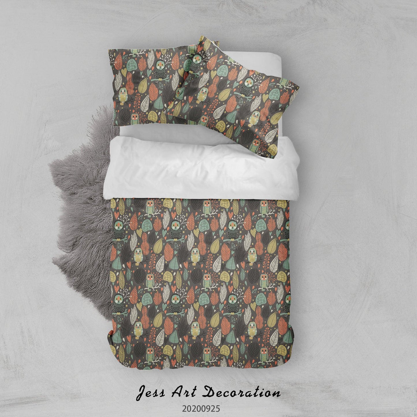 3D Cartoon Animal Owl Leaves Pattern Quilt Cover Set Bedding Set Duvet Cover Pillowcases WJ 6477