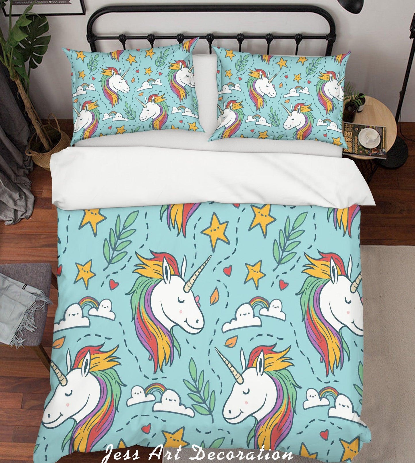 3D Blue Unicorn Star Rainbow Quilt Cover Set Bedding Set Pillowcases 52