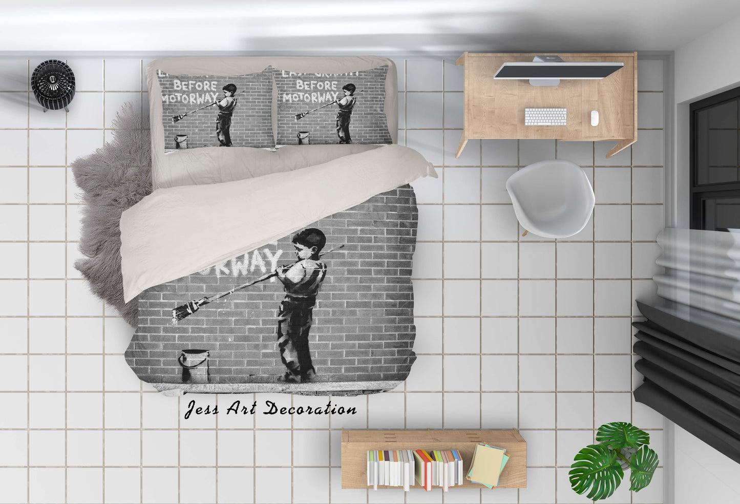 3D Banksy Mural Gray Brick Wall Letter Boy Quilt Cover Set Bedding Set Duvet Cover Pillowcases  ZY D126