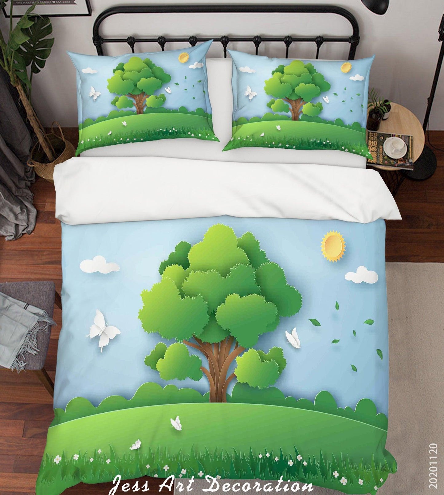 3D Cartoon Blue Sky Green Tree Plant Butterfly Quilt Cover Set Bedding Set Duvet Cover Pillowcases LXL