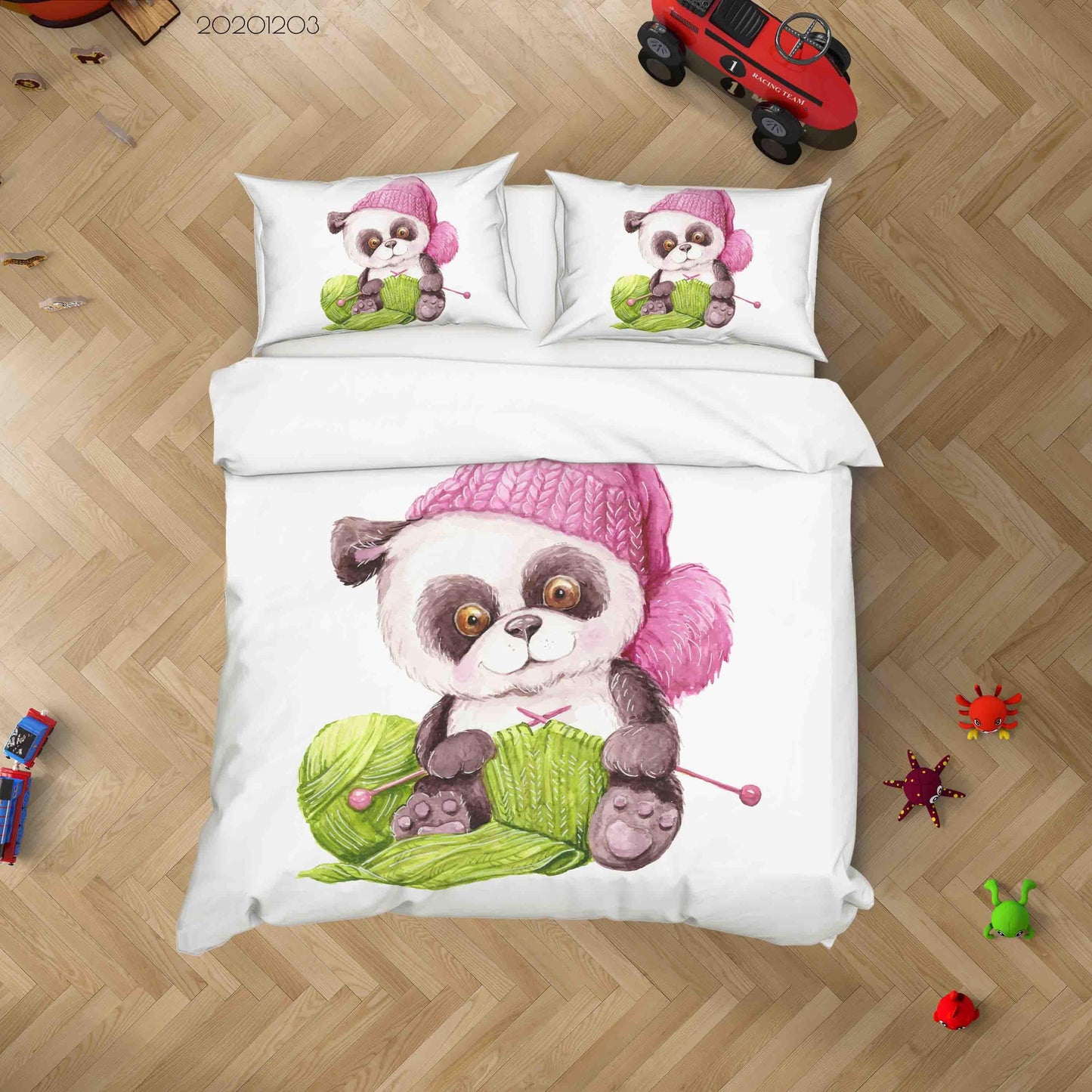 3D Cartoon Hand Drawn Pink Wool Cap Green Knitting Panda Animal Quilt Cover Set Bedding Set Duvet Cover Pillowcases LXL