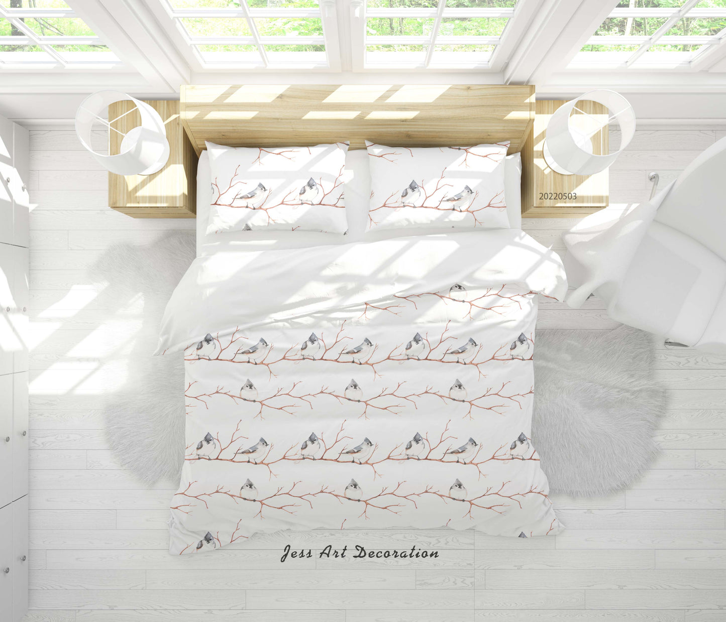 3D Branch Bird White Quilt Cover Set Bedding Set Duvet Cover Pillowcase 469