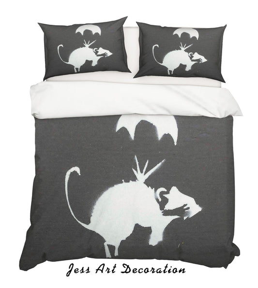 3D Black White Banksy Parachuting Rat Quilt Cover Set Bedding Set Duvet Cover Pillowcases  ZY D46