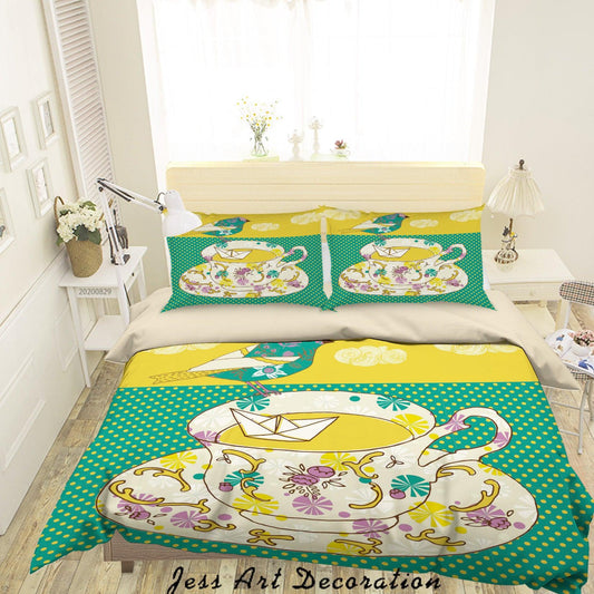 3D Abstract Hand Draw Cartoon Teacup  Pattern Quilt Cover Set Bedding Set Duvet Cover Pillowcases WJ 3553