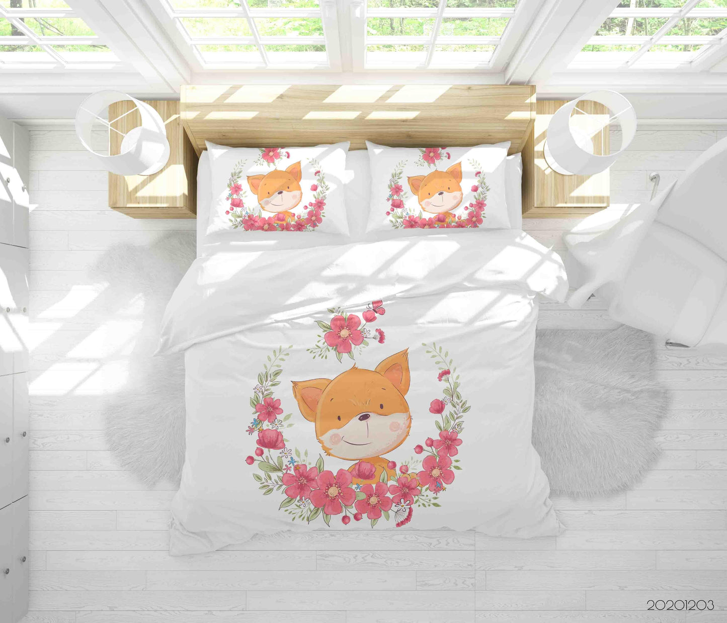 3D Cartoon Pink Floral Plant Fox Animal Quilt Cover Set Bedding Set Duvet Cover Pillowcases LXL