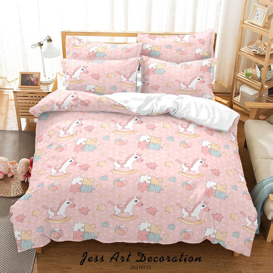 3D Cartoon Pink Trojan Horse Jigsaw Quilt Cover Set Bedding Set Duvet Cover Pillowcases 14