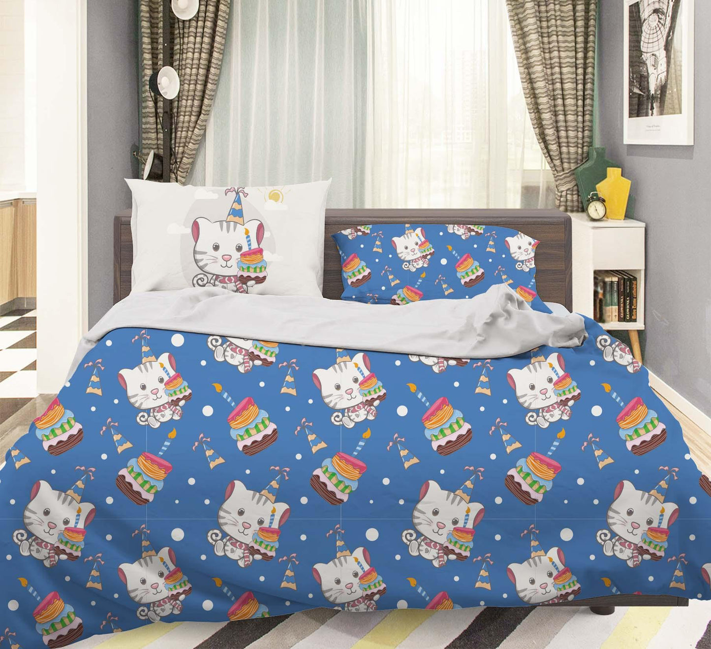 3D Blue Cat Kitty Birthday Cake Quilt Cover Set Bedding Set Pillowcases 33