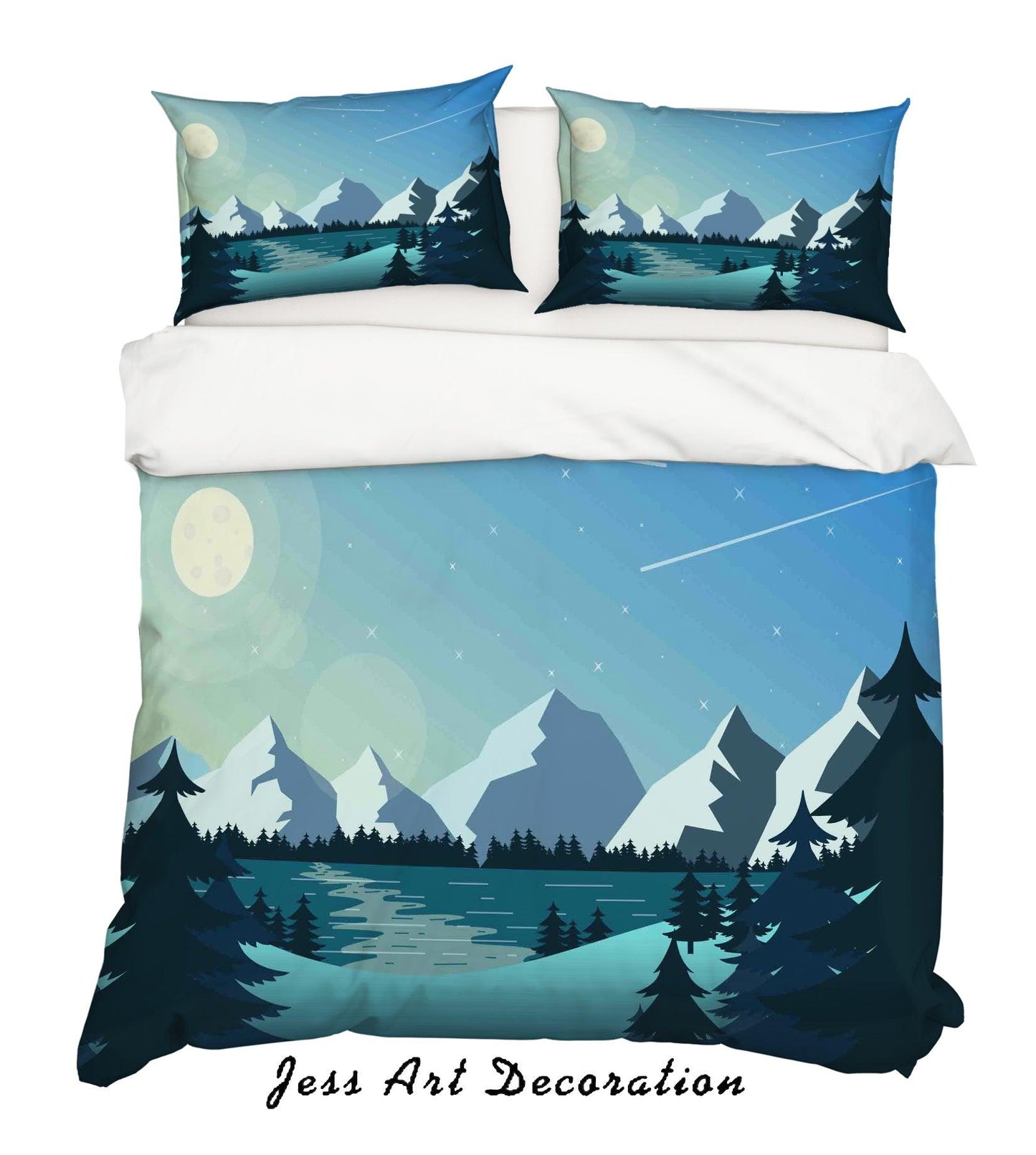 3D Blue Moon Mountains Forest River Meteor Quilt Cover Set Bedding Set Pillowcases 21