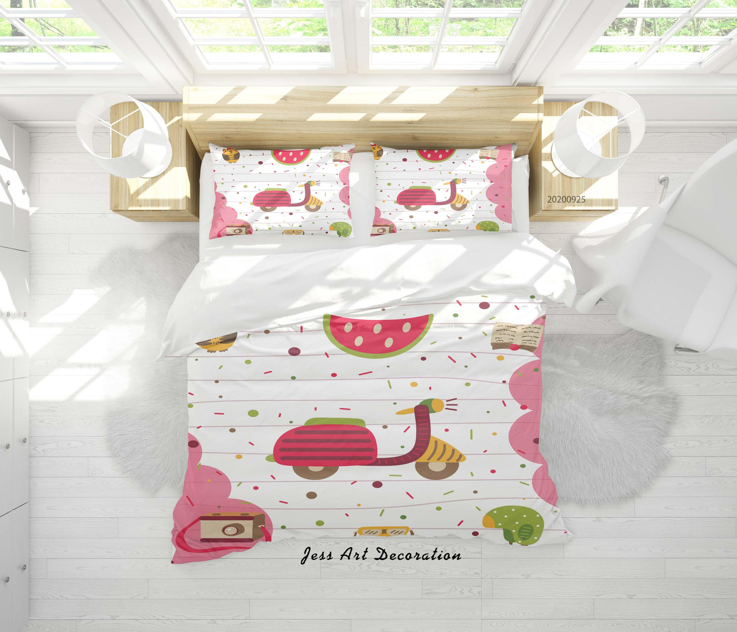 3D Cartoon Electric Vehicle Watermelon Pattern Quilt Cover Set Bedding Set Duvet Cover Pillowcases WJ 6455